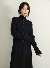 【Et】Button Design High-Neck Rib Knit Cardigan