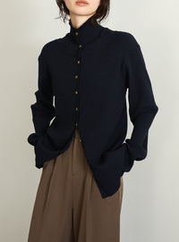 【Et】Button Design High-Neck Rib Knit Cardigan