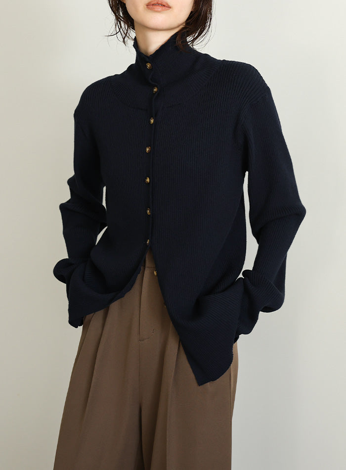 【Et】Button Design High-Neck Rib Knit Cardigan