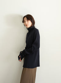 【Et】Button Design High-Neck Rib Knit Cardigan