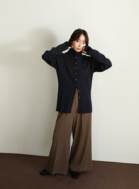 【Et】Button Design High-Neck Rib Knit Cardigan