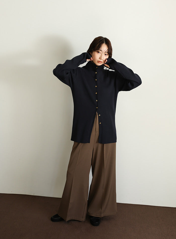 【Et】Button Design High-Neck Rib Knit Cardigan