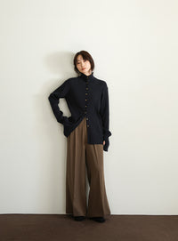 【Et】Button Design High-Neck Rib Knit Cardigan
