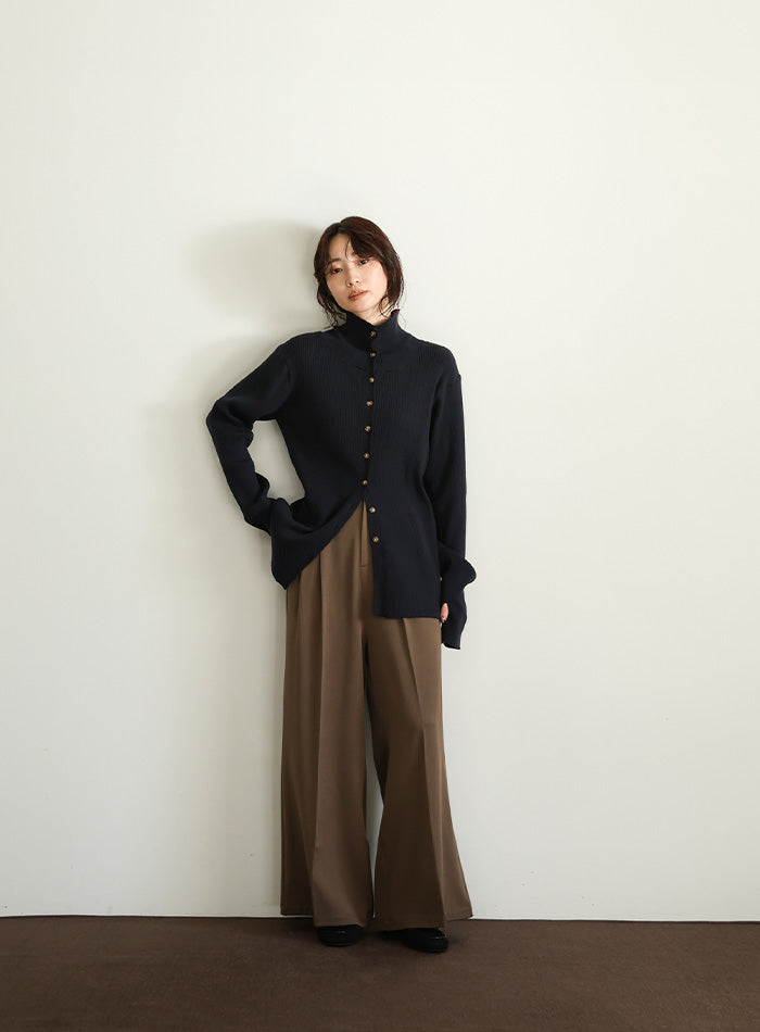 【Et】Button Design High-Neck Rib Knit Cardigan
