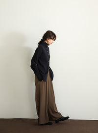 【Et】Button Design High-Neck Rib Knit Cardigan