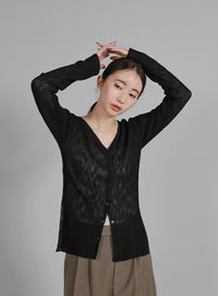 【Et】Sheer Ribbed Deep Side Slit cardigan