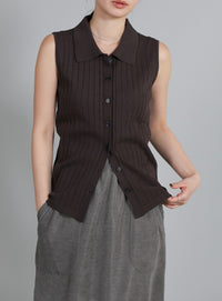 【Et】Polo Collar Rib Sleeveless Tops