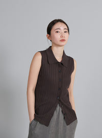 【Et】Polo Collar Rib Sleeveless Tops