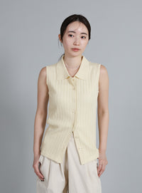 【Et】Polo Collar Rib Sleeveless Tops