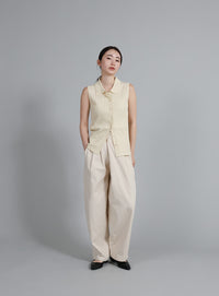 【Et】Polo Collar Rib Sleeveless Tops