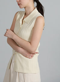 【Et】Polo Collar Rib Sleeveless Tops