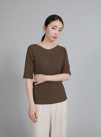 【Et】V-Curved Neck back slit T-Shirt