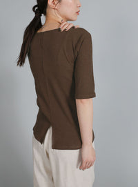 【Et】V-Curved Neck back slit T-Shirt