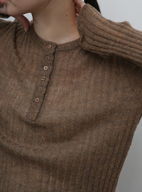 【Et】Sheer Ribbed Henley Neck Knit