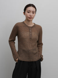 【Et】Sheer Ribbed Henley Neck Knit