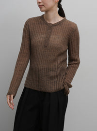 【Et】Sheer Ribbed Henley Neck Knit
