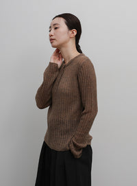 【Et】Sheer Ribbed Henley Neck Knit
