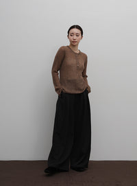 【Et】Sheer Ribbed Henley Neck Knit