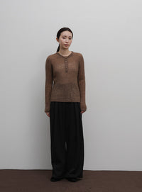 【Et】Sheer Ribbed Henley Neck Knit