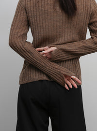 【Et】Sheer Ribbed Henley Neck Knit