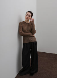 【Et】Sheer Ribbed Henley Neck Knit