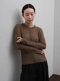 【Et】Sheer Ribbed Henley Neck Knit