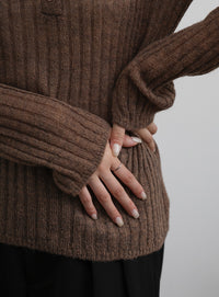 【Et】Sheer Ribbed Henley Neck Knit