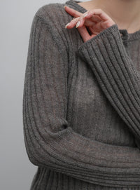 【Et】Sheer Ribbed Henley Neck Knit
