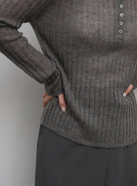 【Et】Sheer Ribbed Henley Neck Knit
