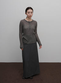 【Et】Sheer Ribbed Henley Neck Knit