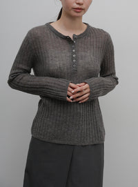 【Et】Sheer Ribbed Henley Neck Knit