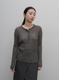 【Et】Sheer Ribbed Henley Neck Knit