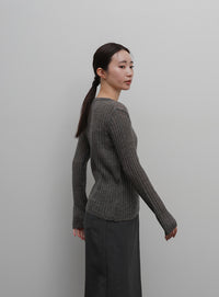 【Et】Sheer Ribbed Henley Neck Knit