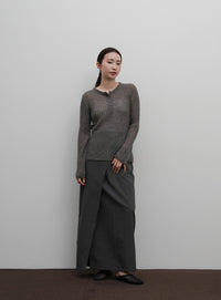 【Et】Sheer Ribbed Henley Neck Knit
