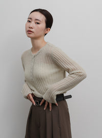【Et】Sheer Ribbed Henley Neck Knit