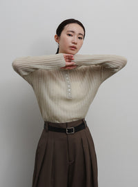【Et】Sheer Ribbed Henley Neck Knit
