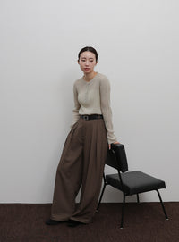【Et】Sheer Ribbed Henley Neck Knit