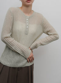 【Et】Sheer Ribbed Henley Neck Knit