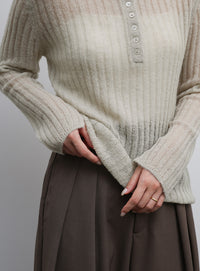 【Et】Sheer Ribbed Henley Neck Knit