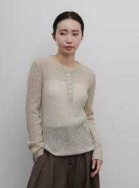 【Et】Sheer Ribbed Henley Neck Knit