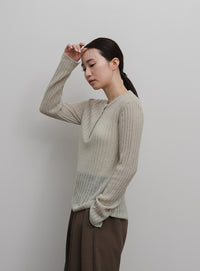 【Et】Sheer Ribbed Henley Neck Knit