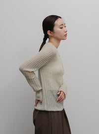 【Et】Sheer Ribbed Henley Neck Knit