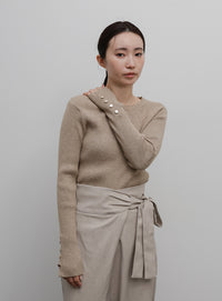 【Et】Crew Neck Button Sleeve Knit