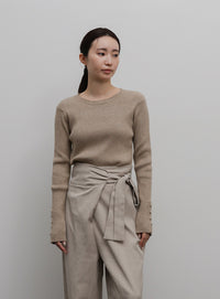 【Et】Crew Neck Button Sleeve Knit