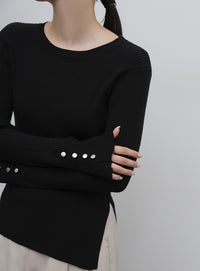 【Et】Crew Neck Button Sleeve Knit