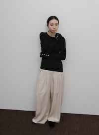 【Et】Crew Neck Button Sleeve Knit