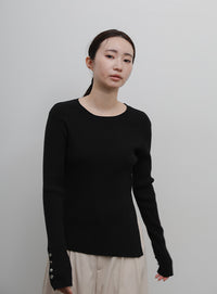 【Et】Crew Neck Button Sleeve Knit