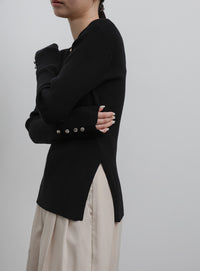 【Et】Crew Neck Button Sleeve Knit