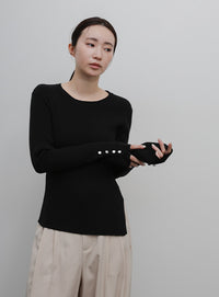 【Et】Crew Neck Button Sleeve Knit