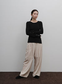 【Et】Crew Neck Button Sleeve Knit